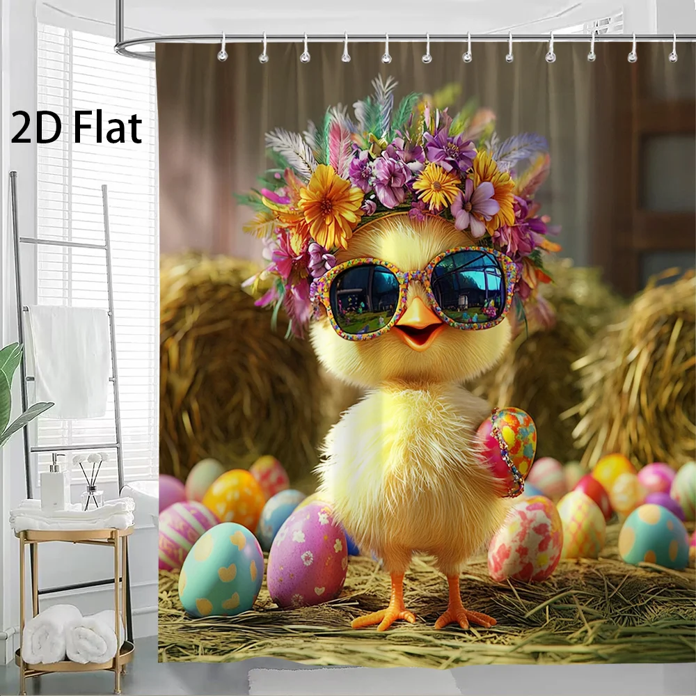 1pc 2D Flat Shower Curtain, Easter Chick Floral Crown Colorful Eggs Printed Shower Curtain, Decor for Bathroom