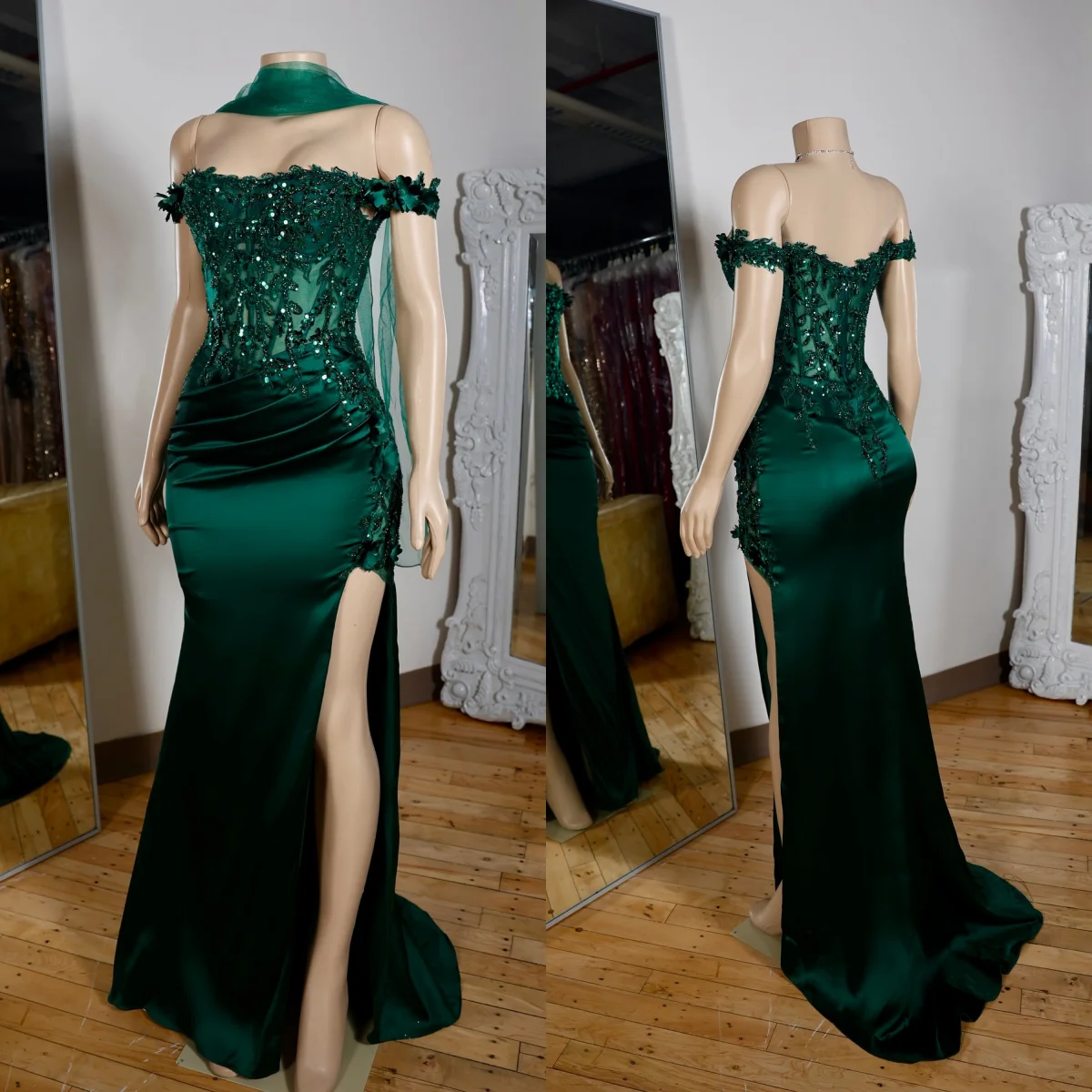 فستان سهرة رائع بحورية البحر باللون الأخضر بدون أكتاف وصمة عار مطرز بدون أكمام رداء de Soire مخصص مثير بشق للحفلات الراقصة #1