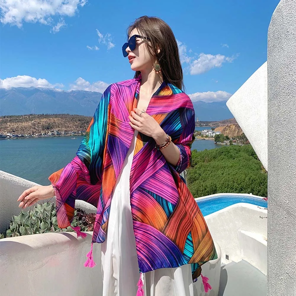 

Breathable Spring Silk Scarf Long Cotton Ethnic Style Yarn Shawl Sweat-absorption Lightweight Big Pattern Headscarf
