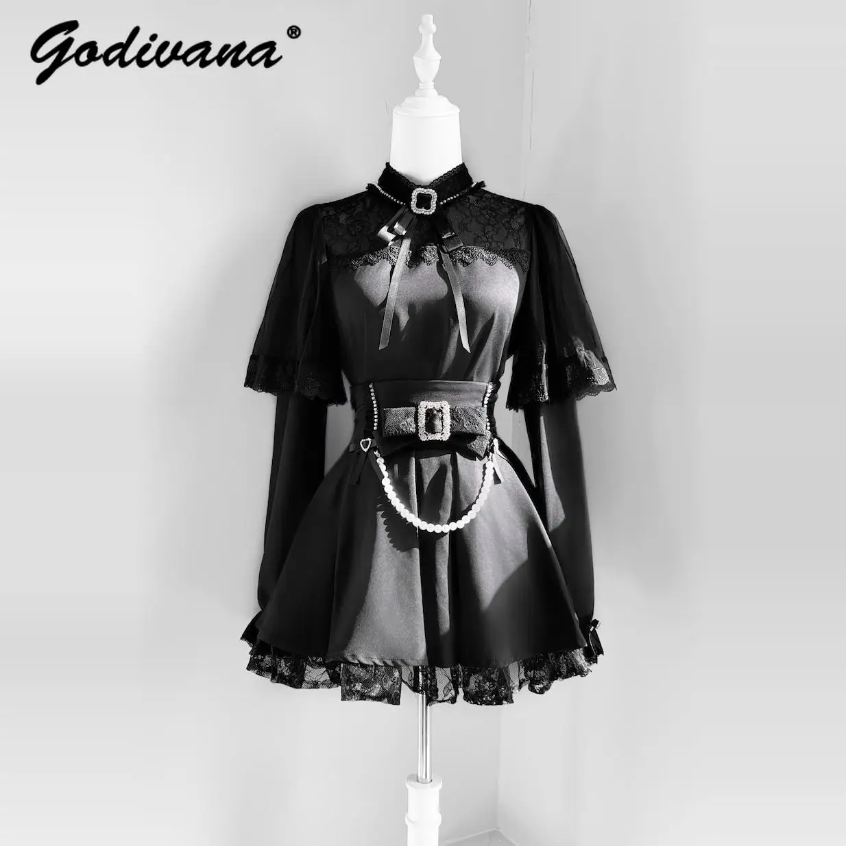 Japanese Mine Series Mass-produced Outfits New Spring Women's Sweet Lace Long-sleeved Pearl Blouse Shirt Black Short Skirt