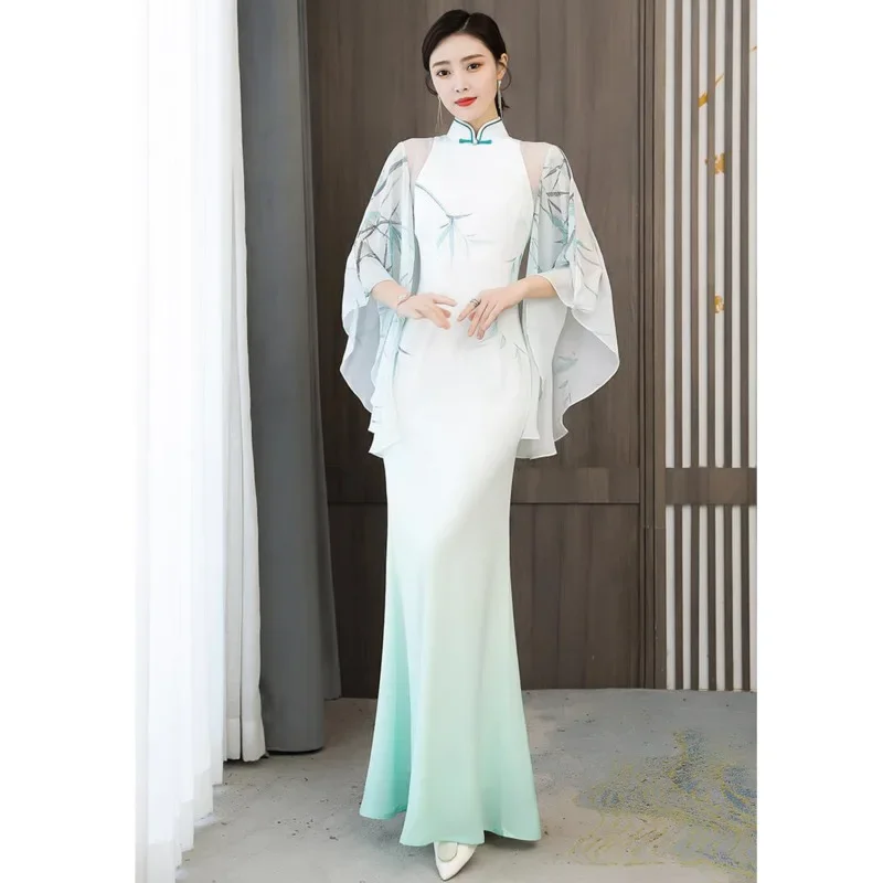 Lente China Jurk Banket Kleding Traditionele Elegante Vrouwen Groene Chinese Stijl Cheongsam Ao Dai Vintage Hanfu Slanke Lange Qipao