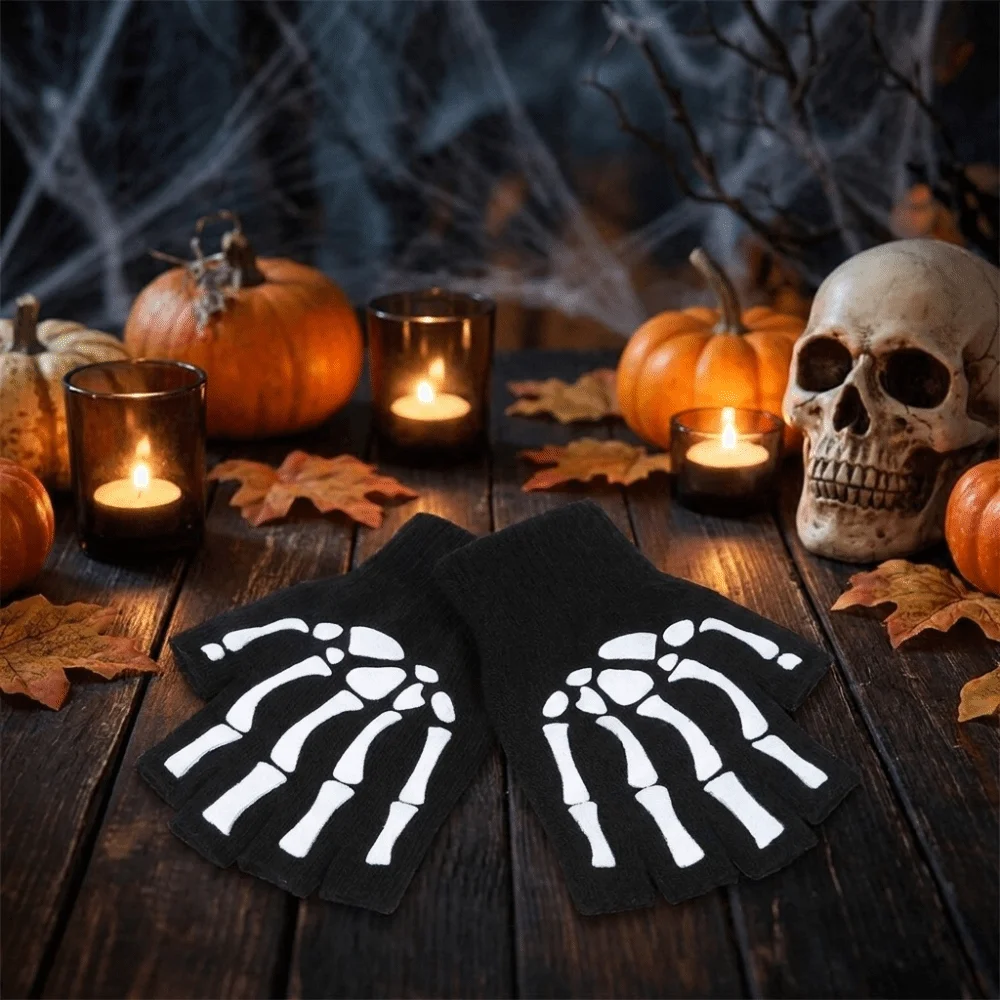 Polyester Skeleton Print Gloves Glow In The Dark Stretchy Material Knitted Half Finger Gloves Breathable Black Fluorescent