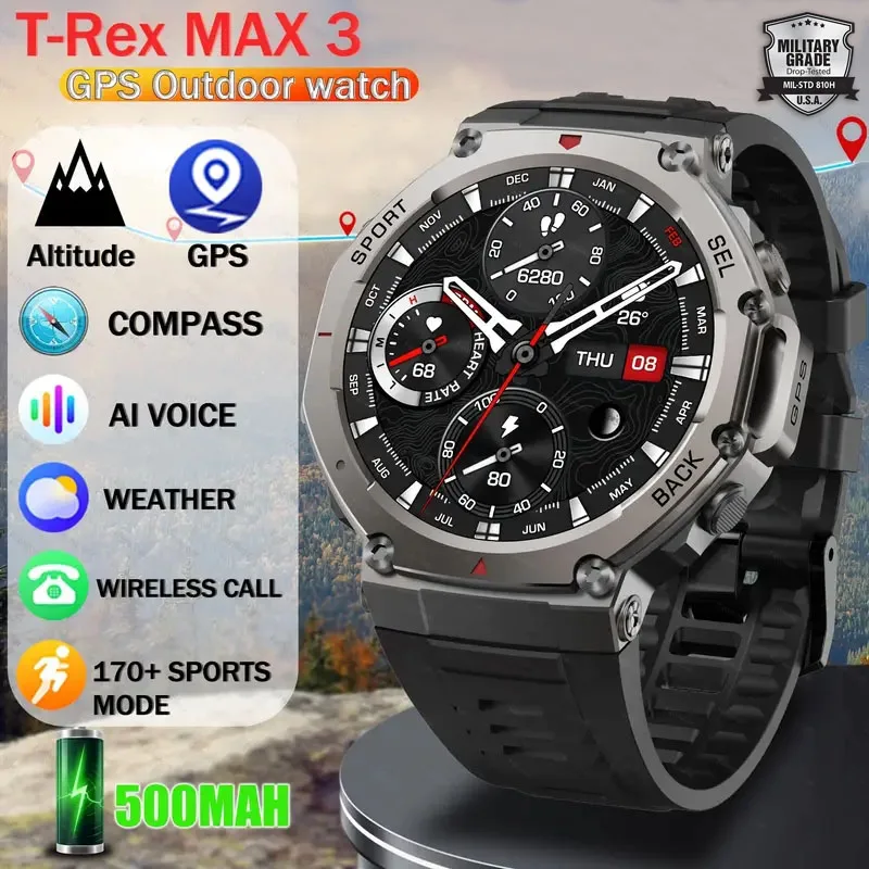 

New For Xiaomi T-Rex 3 GPS Smart Watch For Men Smartwatch Compass Altimeter Barometric 5ATM IP69K Waterproof AMOLED Mens Watches