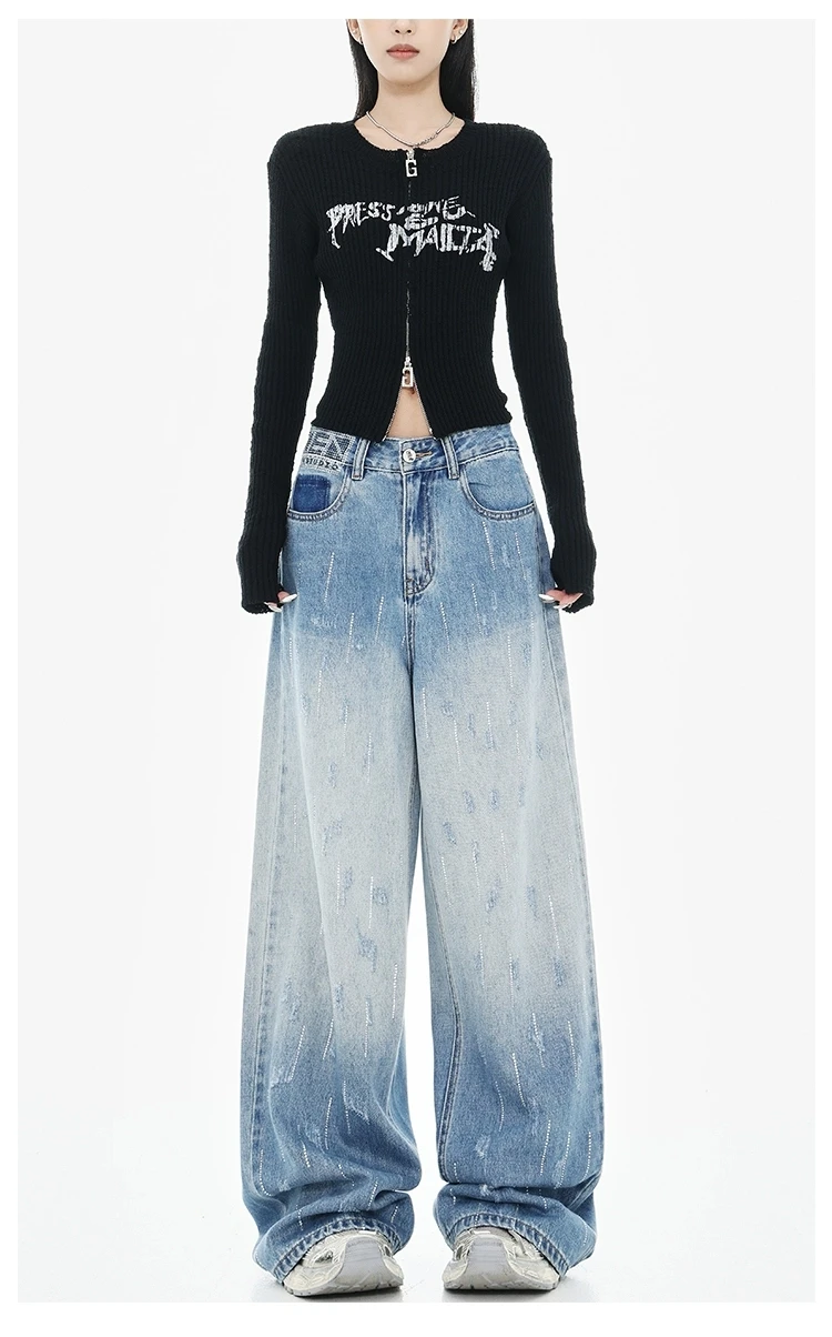 

Women's Sparkling Design Classic Blue Straight Jeans Vintage Trousers Cool Girl Casual Bottoms Female High Waist Wide Leg Pants