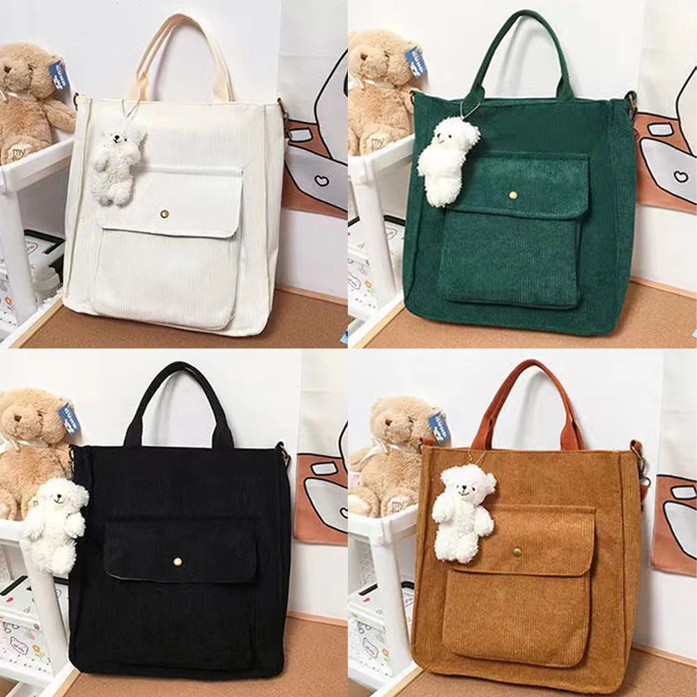 Women's 2022 New Corduroy Canvas Shoulder Bag Outdoor Travel Tote Organizer Leisure Shopping Bags Bear Ornaments Button Handbag