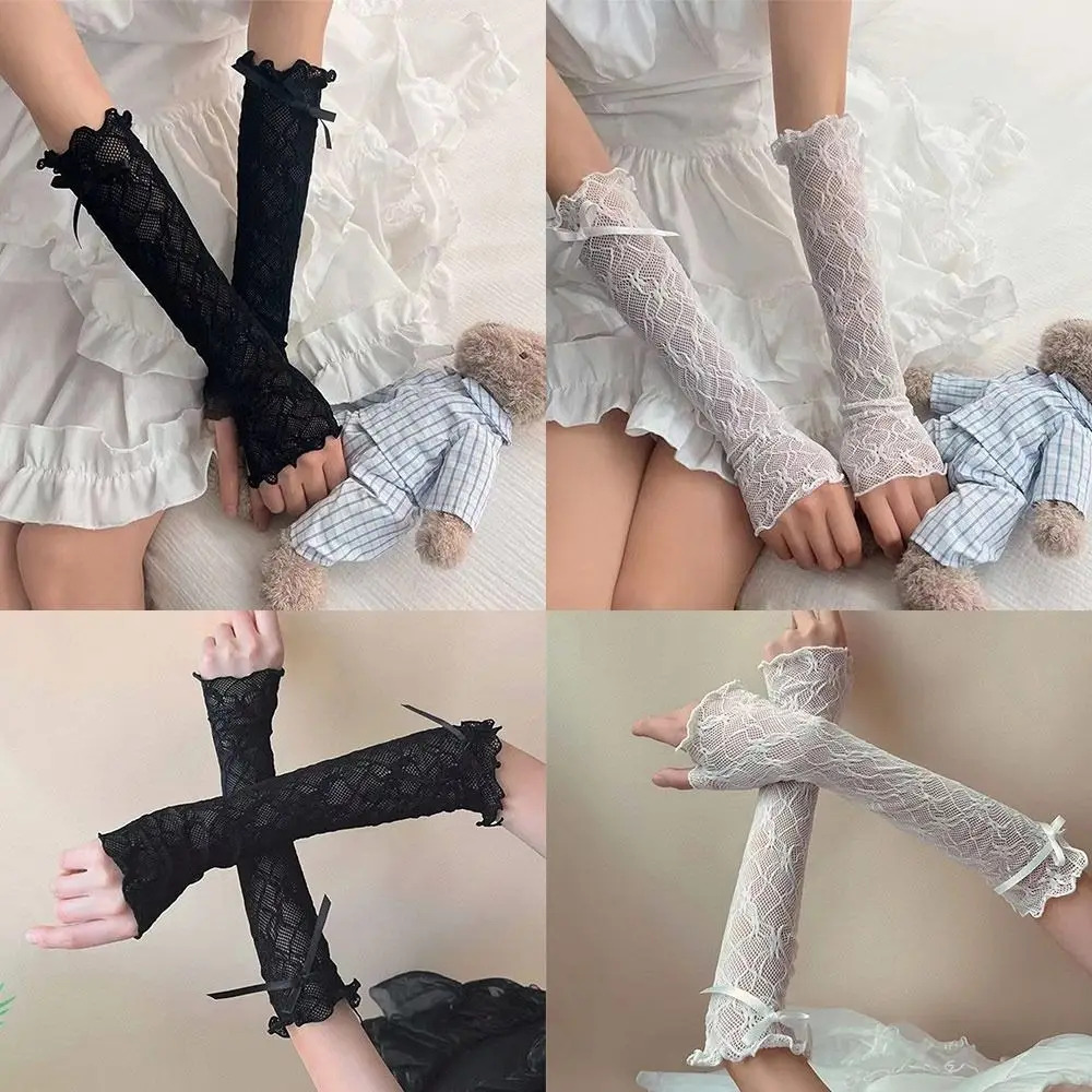 الدانتيل كشكش لوليتا قفازات برباط Bowknot الربط شبكة مدفئات للذراع أسود أبيض UV حماية Y2k أصابع القفازات