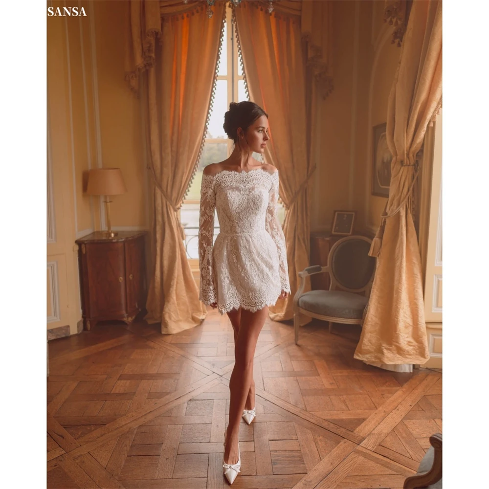 

Sansa Customized White Flower Embroidery Illusion Prom Dresses Removable Tail Mini Vestidos De Noche Long Sleeve Formal Evening