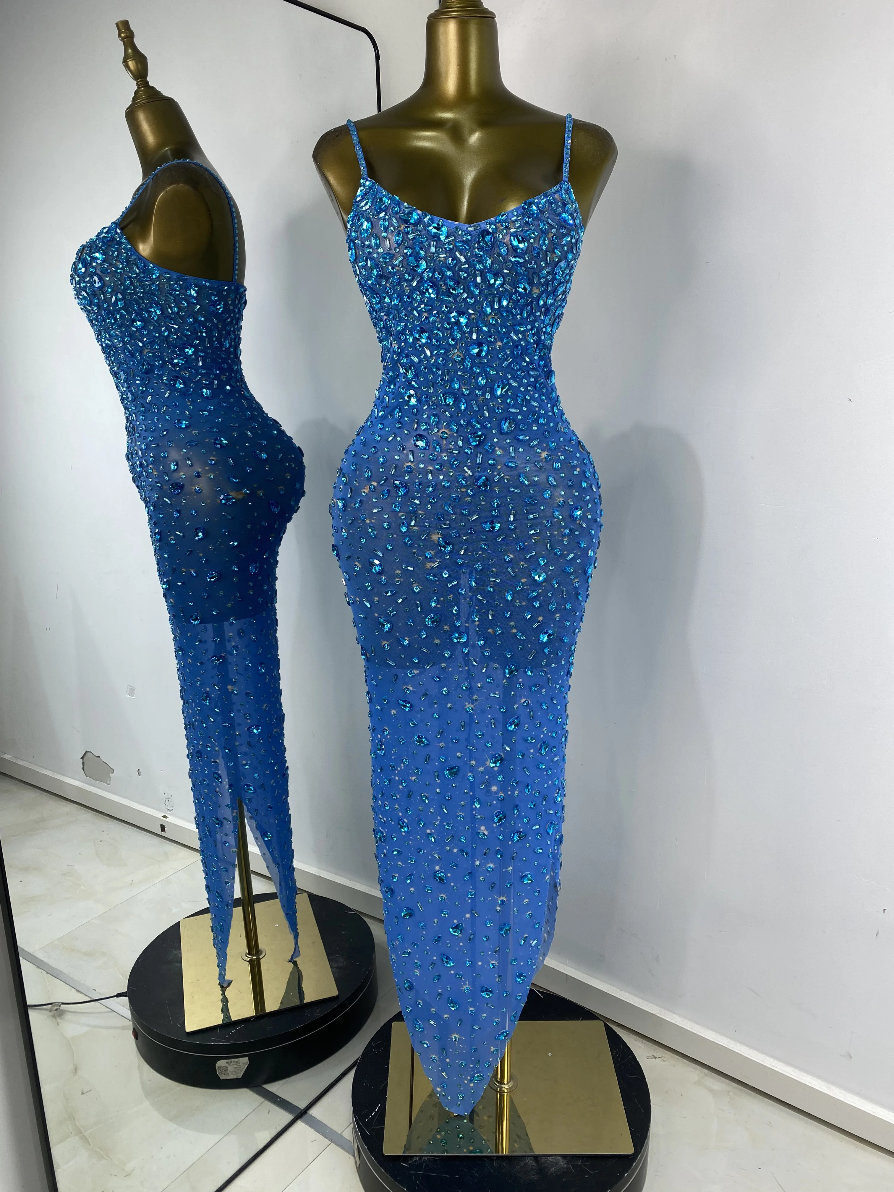 

Women Blue Evening Party Dress Sparkly Rhinestones Spaghetti Strap V Neck Long Asymmetric Mesh Runway Celebrity Gala Dress