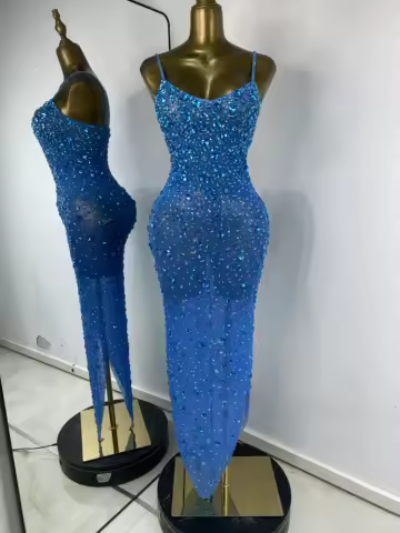 Women Blue Evening Party Dress Sparkly Rhinestones Spaghetti Strap V Neck Long Asymmetric Mesh Runway Celebrity Gala Dress