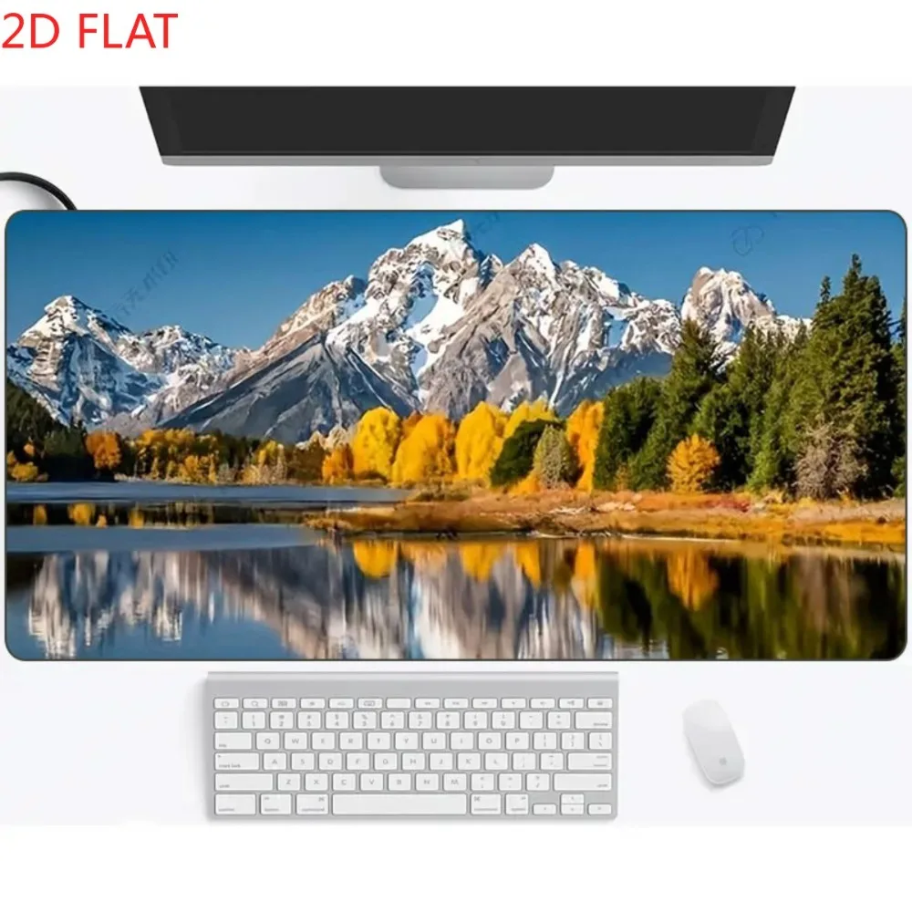 Blue, White, Yellow, And Green Snow-Capped Mountains And Lakes Reflecting Natural Scenery in Autumn. Office/Gaming Desk Mat