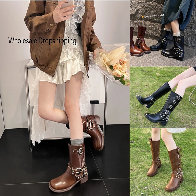 Large Size 40 Motorcycle Boots Women's INS Hot Sale Martins Shoes Platform Combat Botas Women Boots Trend 2023 Goth Cowboy Boot