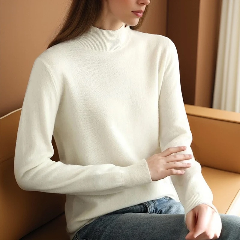 

2025 элегантный пуловер с высоким воротником, свитер на осень/зиму, женский облегающий вязаный повседневный топ, трикотажная рубашка с длинными рукавами