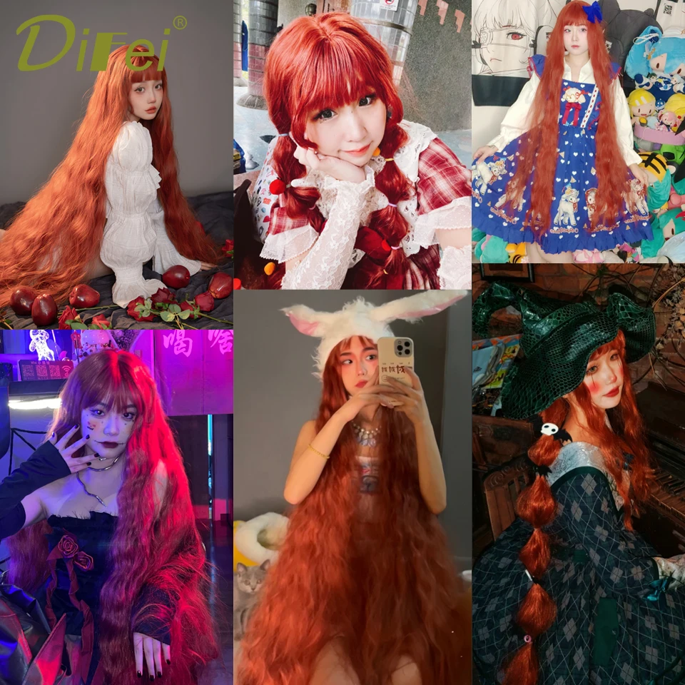 120 cm Lange Wellenförmige Haare Synthetische Perücken Weibliche Rot Braun Cosplay Lolita Perücke Mit Pony Natürliche Haar Perücken Frauen