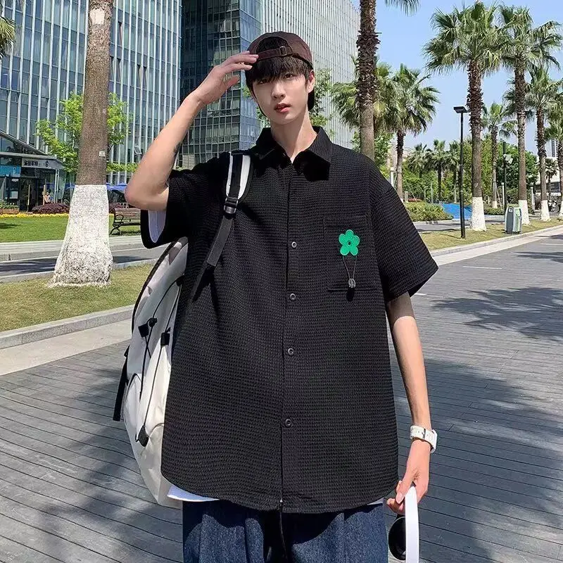 

Мужская летняя свободная дышащая пляжная одежда из полиэфирного волокна с отложным воротником и цветочным узором