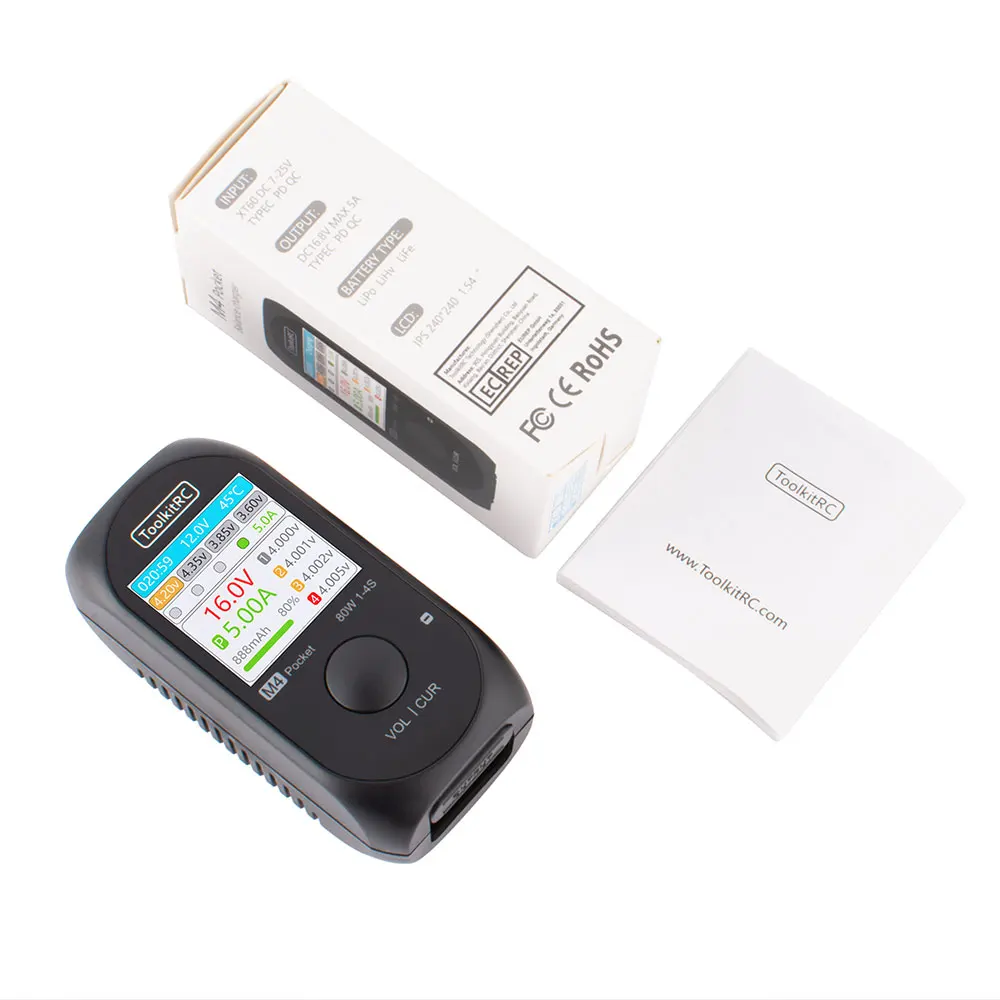 

ToolkitRC M4 Pocket DC 80W 5A XT30 XT60 Input USB-C Input/Output Charger for 1-4S LiPo Battery Quick Charger Function