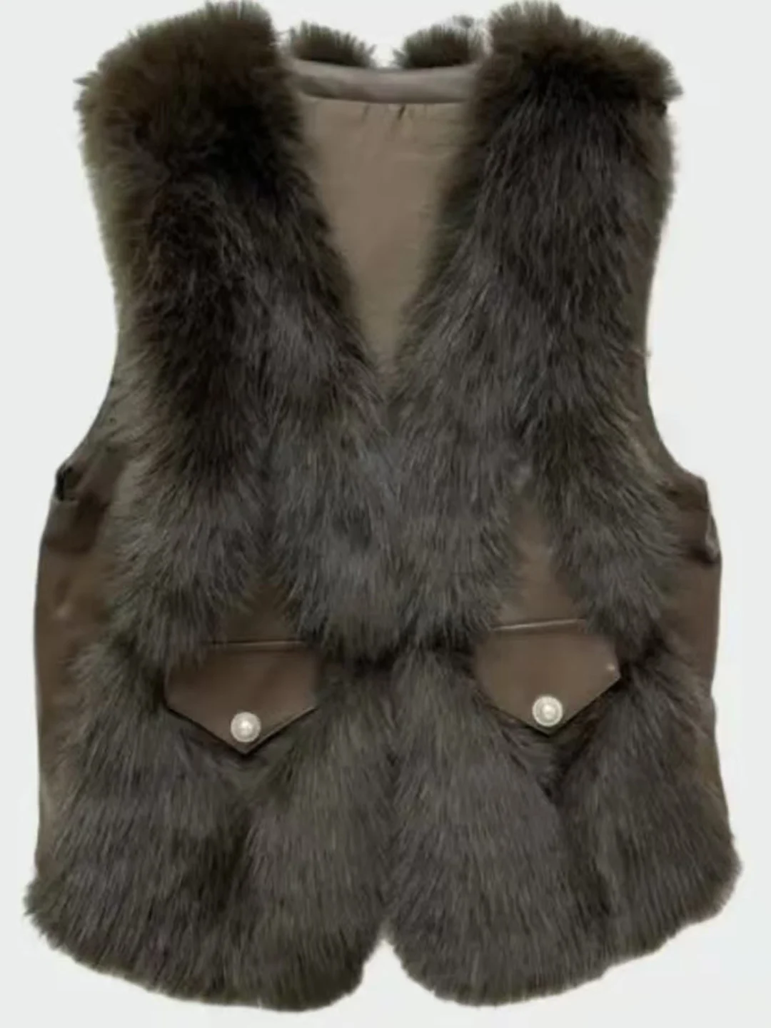 

Pearl Button Soft Leather Patchwork Fur Vest Women's Fashionable Versatile Autumn Winter New Style Outerwear Jacket