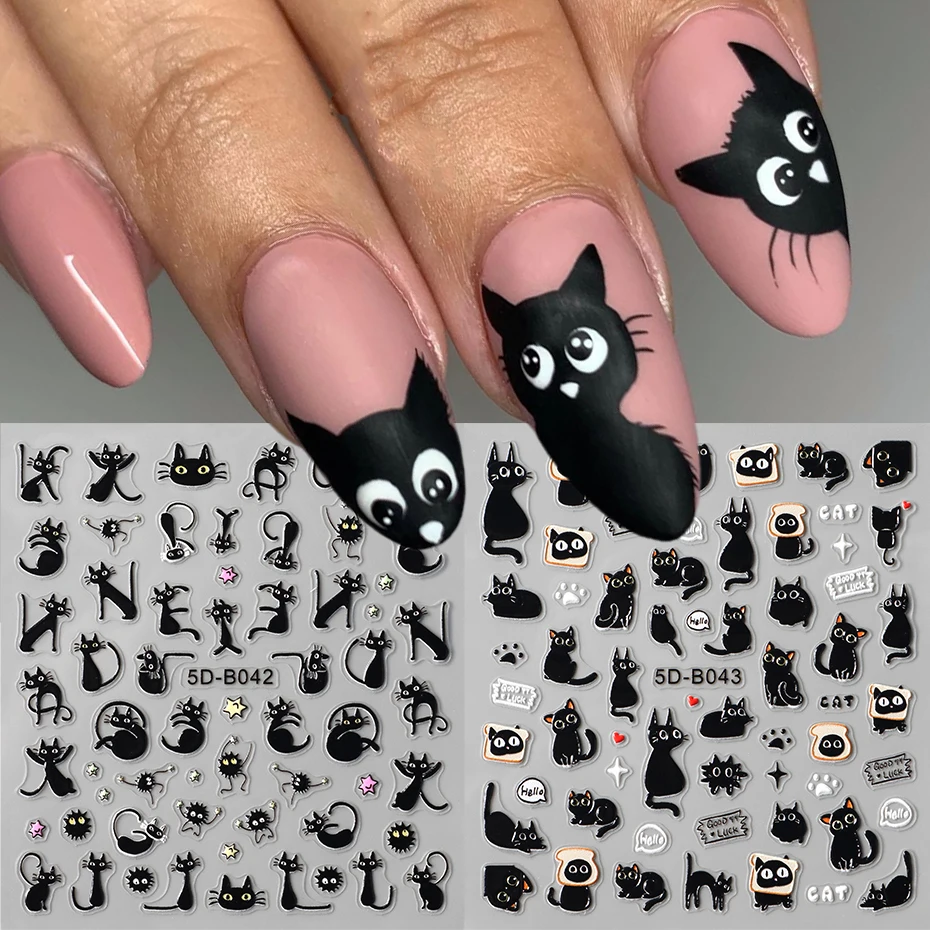 2 pezzi 3D adesivi per nail art gatto nero cartone animato adorabile gatto carino pane stella decalcomanie per unghie cursori di design decorazioni per nail art manicure