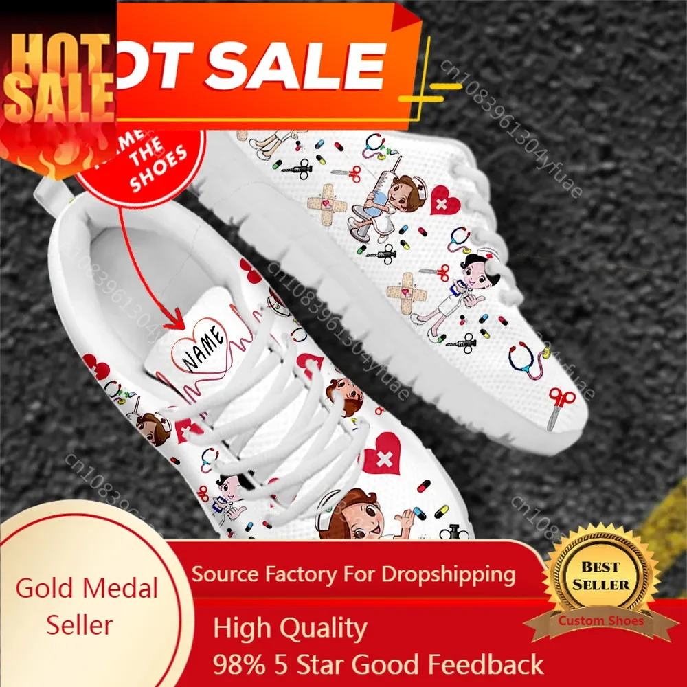 

Custom Name Nurse Shoes Mesh Flat Sneakers For Women's Cute Cartoon Premium Sketch Physio Design Breathable Footwear