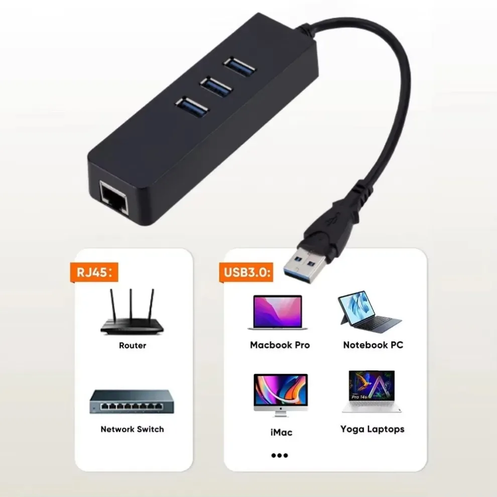 3 Port USB 3.0 Ethernet LAN RJ45 Hub 100Mbps Network Adapter 4 Port Wired External High Speed USB Hub For PC Laptop Mac Windows