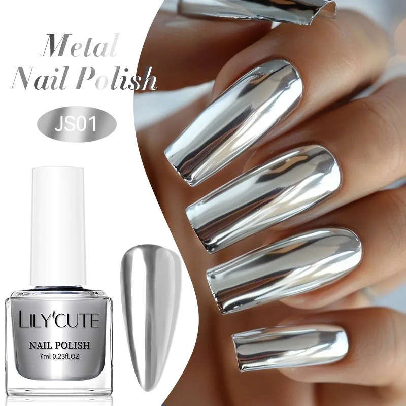 LILYCUTE 7ml Silver Mirror Metallic Nail Polish Super Bright Metal Effect Manicure Nail Art Varnish Quick Dry No Need Lamp Cured
