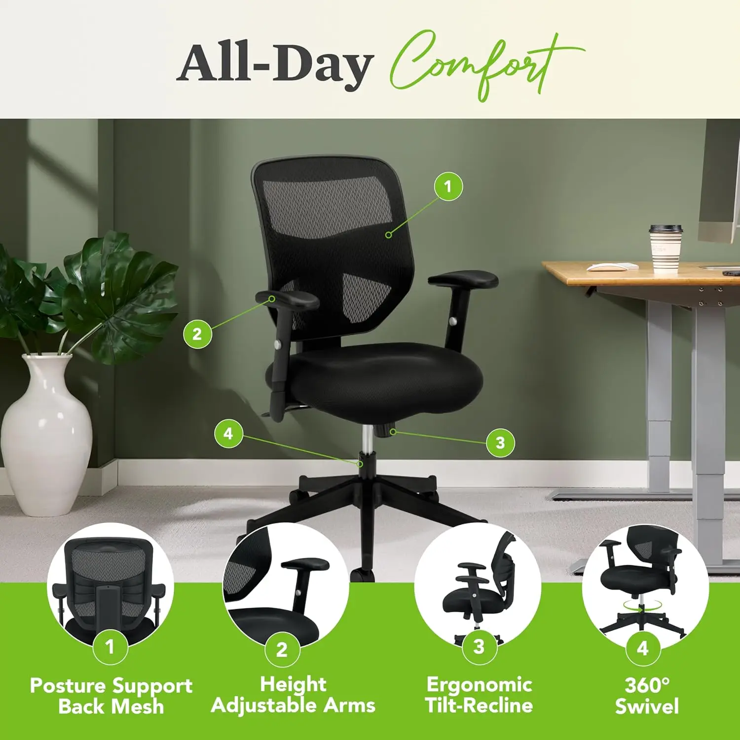 

Prominent High Back Office Chair Mesh Desk Chair With Wheels and Arms - Ergonomic Office Chair with Adjustable Center-Tilt