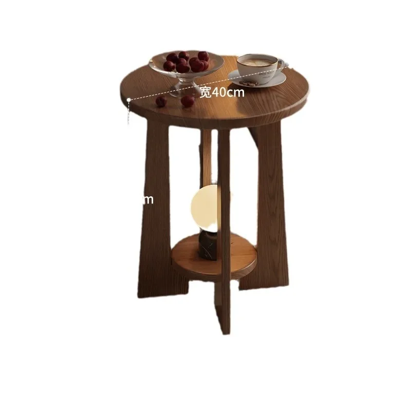 Small apartment coffee table, modern simple household double-layer small round table, living room solid wood sofa side table