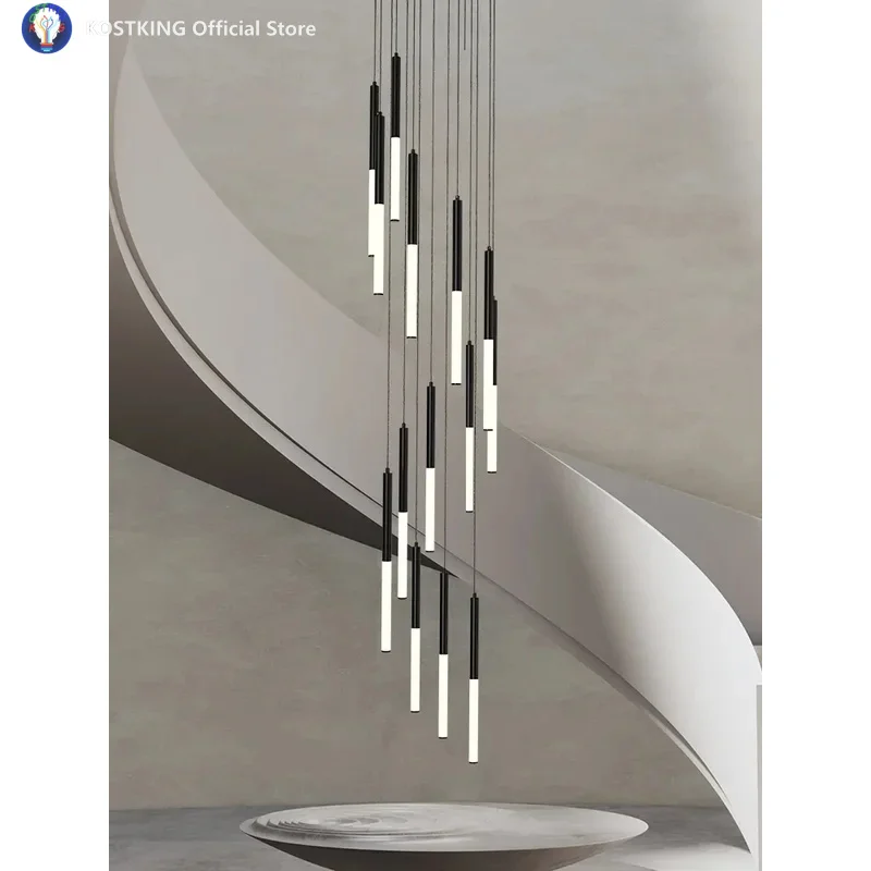 2026 New LED Long Chandelier Modern Golden/Black Round Tube Pendant Lights Duplex Stair Living Room Kitchen Ceiling Pendant Lamp