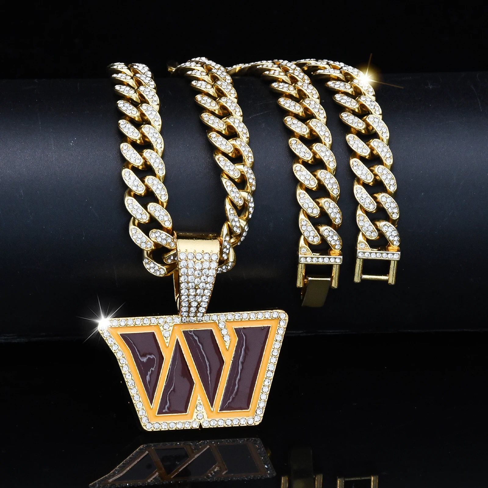 Fashion Jewelry Washing Ton Big W Letter Pendant Football Team Logo Necklace Full Rhinestone Cuban Chain