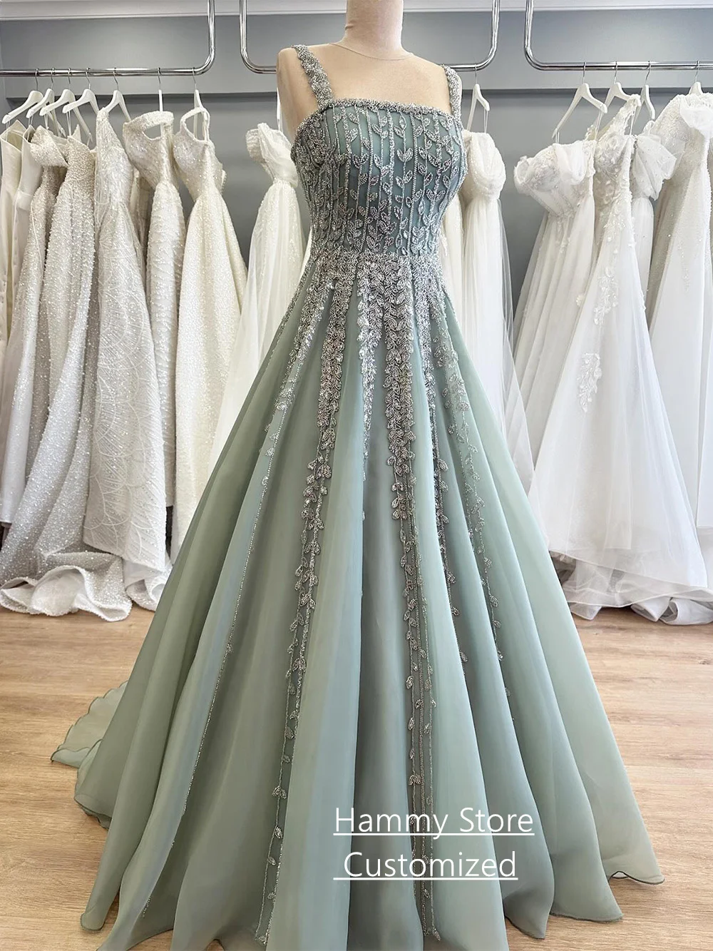 Elegant Formal Evening Dress for Woman Customized Square Neck Sleeveless Beading Sequined A Line Prom Gown with Cape image 4