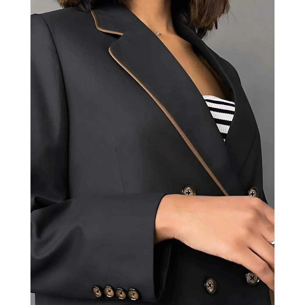 Blazer preto de peito duplo feminino, lapela de entalhe, frente plana, roupas femininas de luxo, outerwears elegantes personalizados, 2021, 1 pc