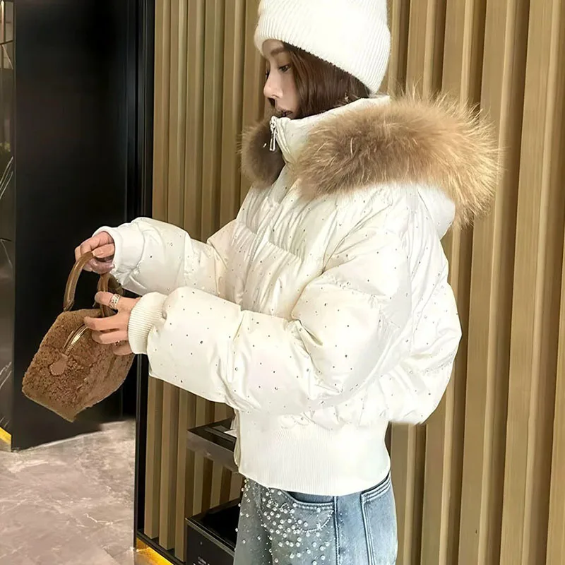 Big Fur Collar Black Cotton Jacket for Women Winter New Sequins Warm Quilted Coat Chic Long Sleeved Thickened Short Jacket