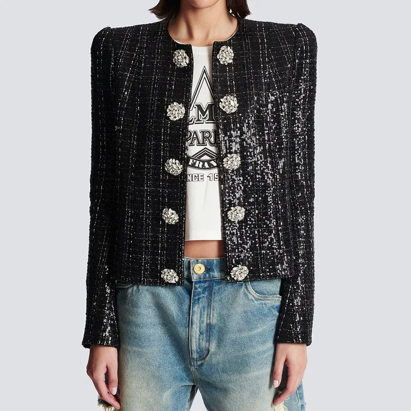 Women Black Jacket Luxury Beaded Design Long Sleeve Heavy Sequins Coat
