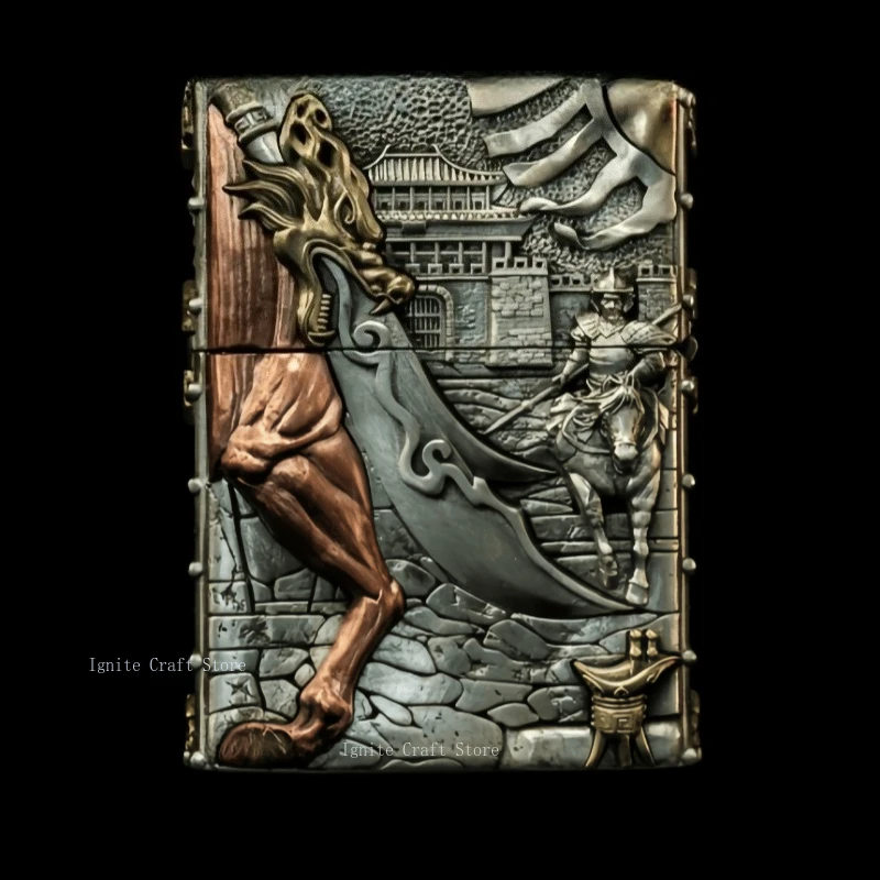 Guan Yu 3D relief inlaid fuel lighter, super realistic exquisite craftsmanship retro lighter, cigarette accessories, collectible