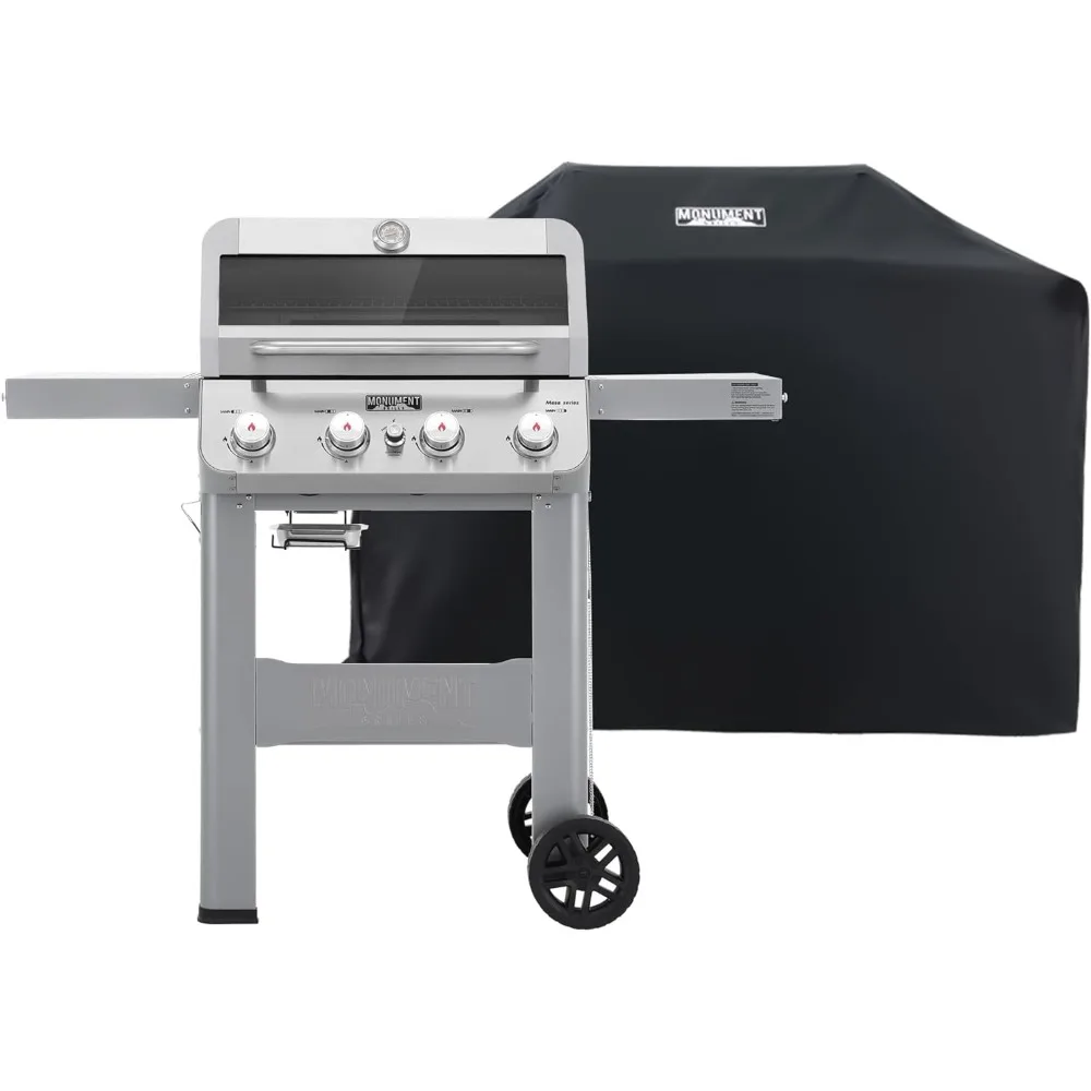 

4-Burner Liquid Propane Gas Grill, Silver Stainless Steel Grill Patio Garden Barbecue Grill with Clearview® Lid and One Foldabl
