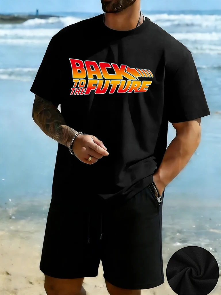 

Back To The Future Design S-2Xl Man'S Cotton Soft Fashion Sportswear Beach Running T Shirts Set Drawstring Summer Short Pants