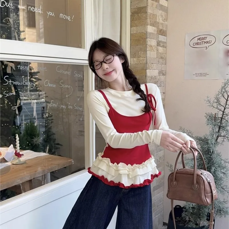 Y2K Clothes Korean Trend Two Fake T-shirts Women's Long Sleeves Base Layer Top Spring Autumn Slim Fit Sweet Design Short Jacket