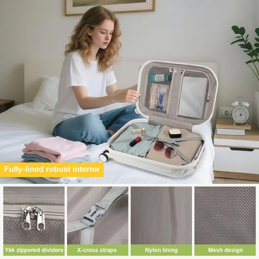 スピナーホイール付き、航空会社承認済みの荷物、ハードサイド20インチ機内持ち込みスーツケース、TSAロック付き2個セット、ホワイト