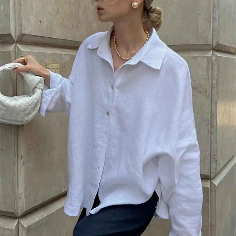 

D.Nale K Vintage Linen Shirt Women Elegant Long Sleeve Shirt for Women 2025 New Basic Top Collar Cotton Linen Women's Shirt