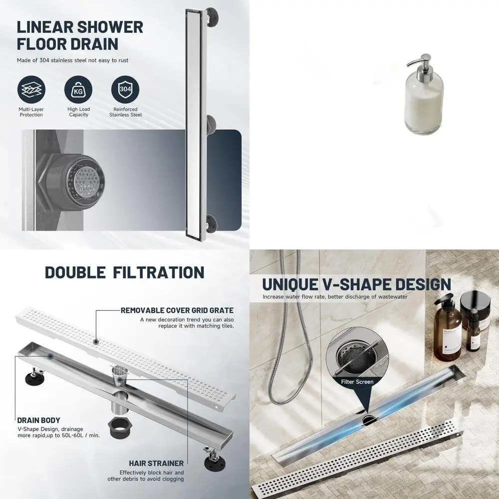 

28 Inch Rectangular Shower Drain with Brick Pattern Grate, Stainless Steel Hair Catcher, Brushed Nickel Finish