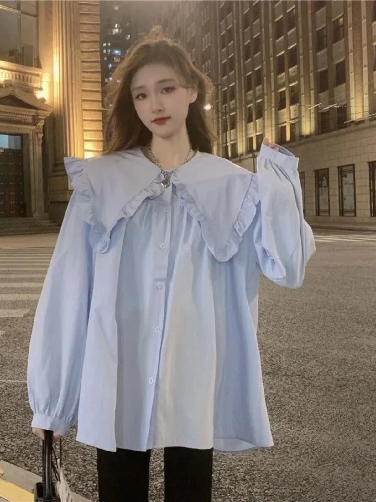 

Women's Long-sleeve Shirt Peter Pan Collar Loose-fit Top Featuring Ruffled Lace Trim Solid Base Layer Preppy Vibe Y2K Plus Size