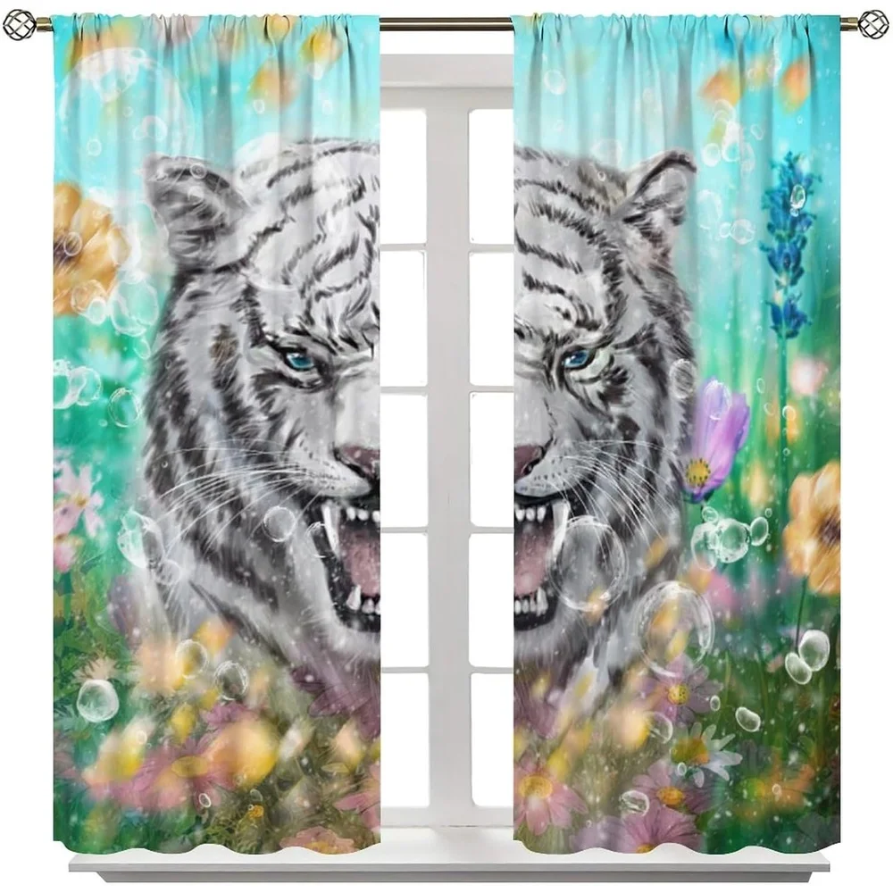 2 Panels Cool Wildlife White Tiger Curtains - Thermal Insulated Blackout Window Drapes with Angry Tiger & Floral Watercolor Desi