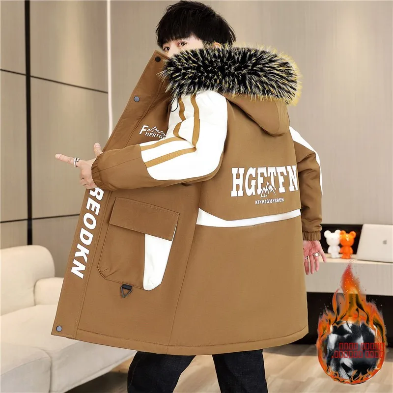 

Мужская утепленная зимняя хлопковая куртка с флисовой подкладкой, теплая, с капюшоном, средней длины, повседневное пальто, молодежная модная модель CleanFit