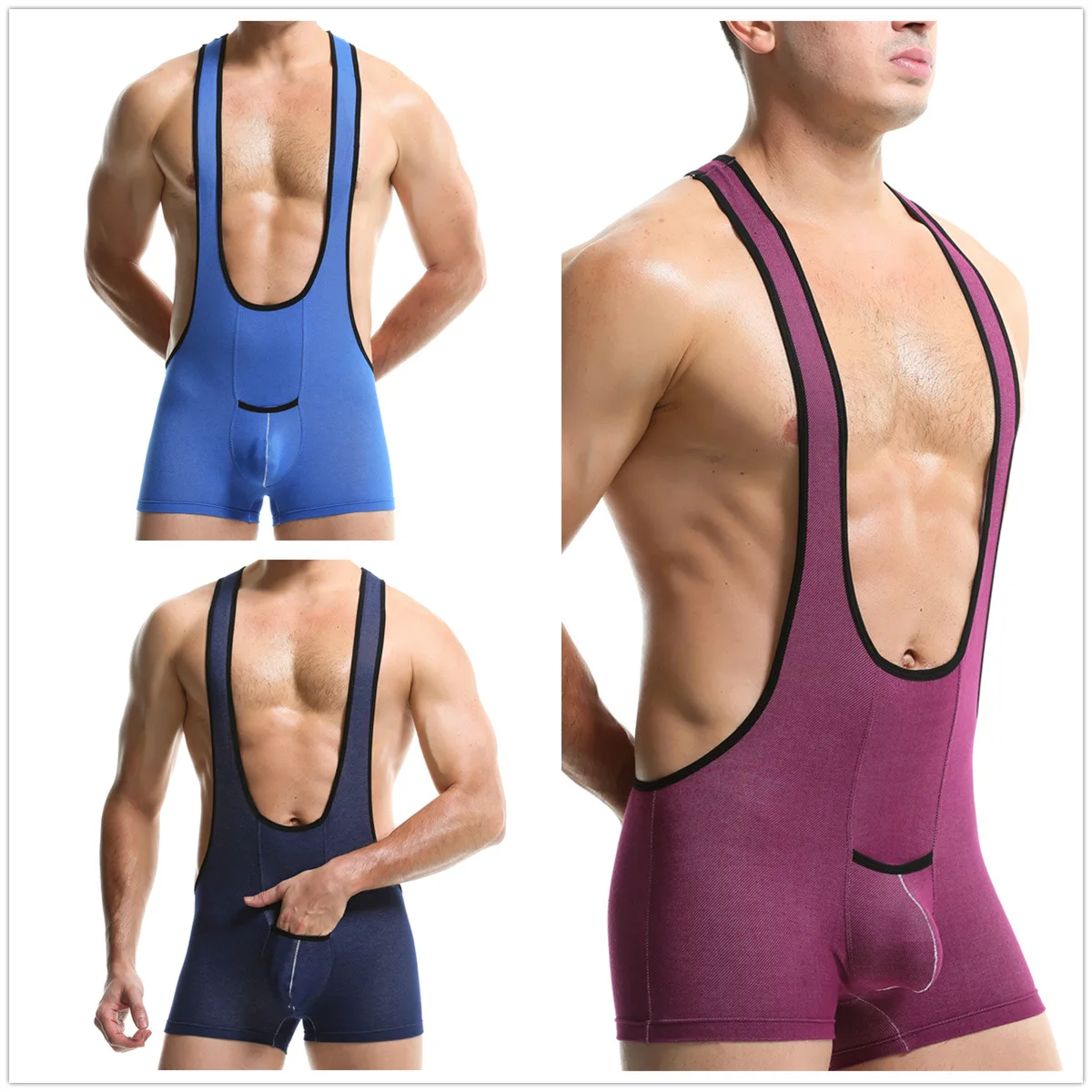 Mens Undershirts Faux Denim Bodysuits Boxers Penis Pouch Gay Jumpsuits Leotard Wrestling Singlet Fitness Breathable One-piece
