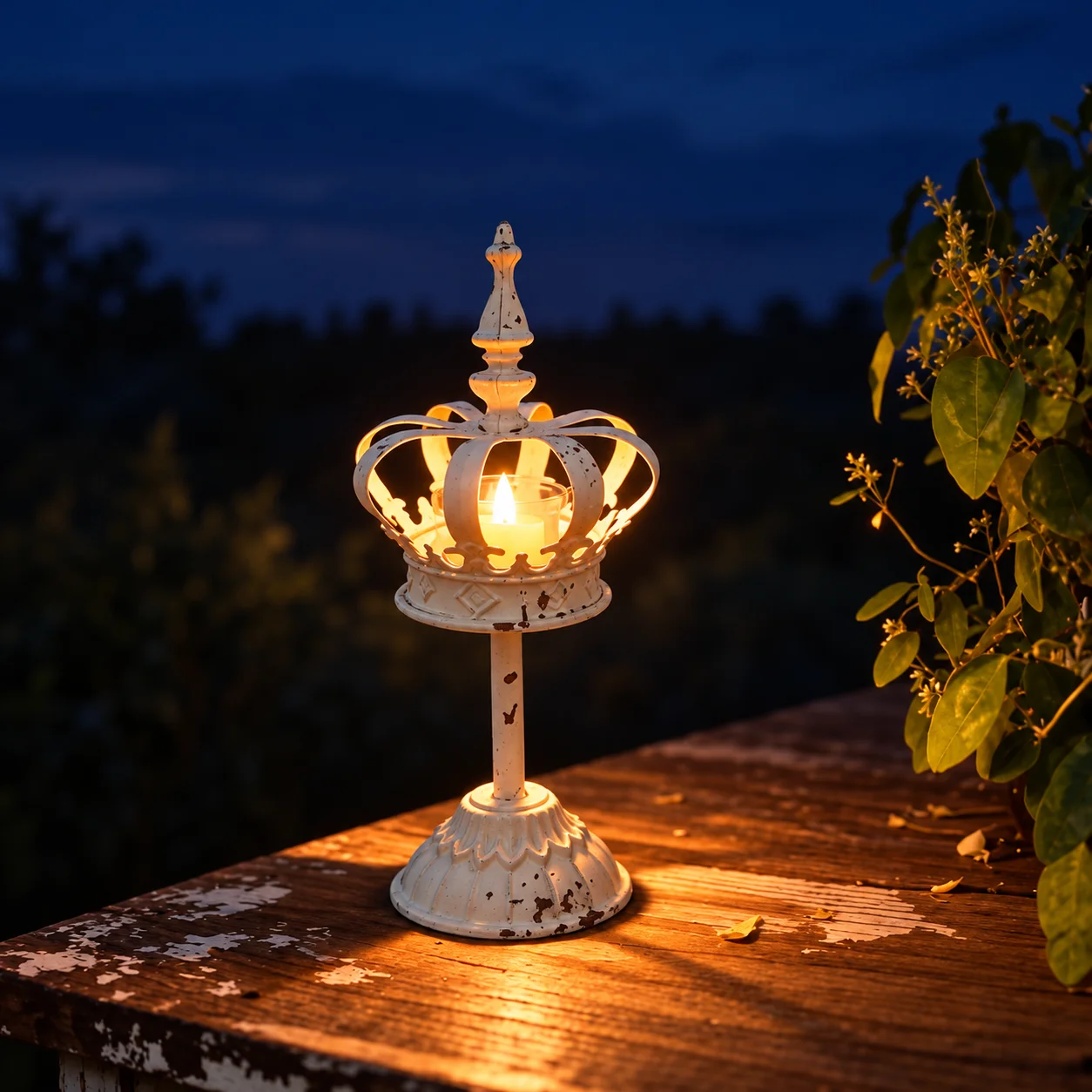 Vintage Crown Candle Holder, Distressed White Metal, Decorative Pedestal Candlestick with Glass Votive Cup, 30cm Height