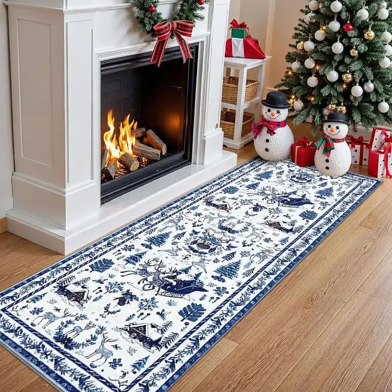 VIKAMA Christmas Reindeer Blue Runner Rug for Hallway Entryway Bedroom Floor Carpet Cozy Aesthetic Modern Style Home Decor