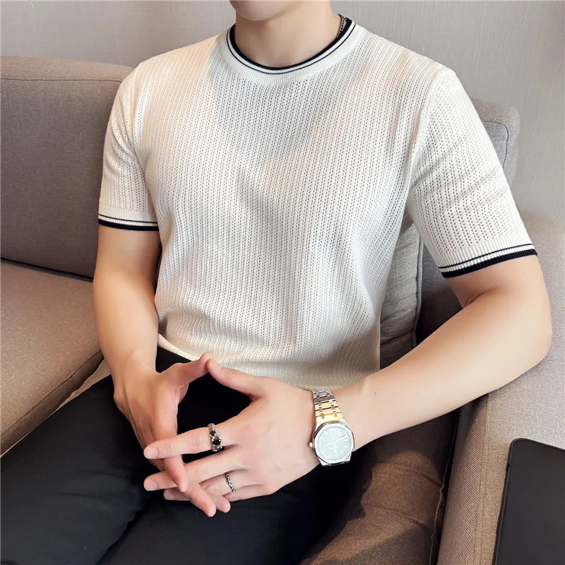 

Men Knitted Stripe T-shirt Short Sleeved Summer Ice Silk Light Thin High Stretch Solid Casual Round Neck T-shirt Men Clothing
