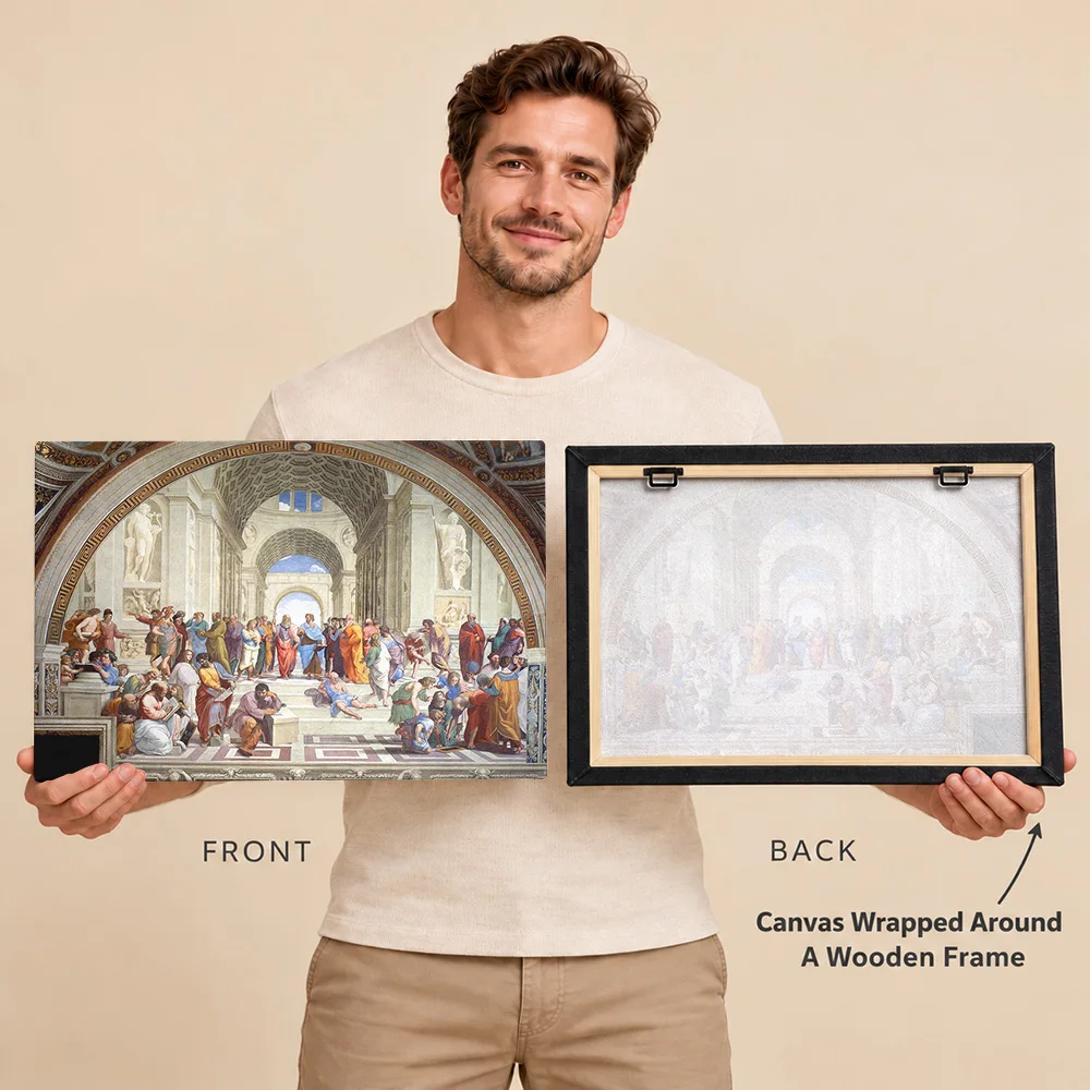 Raphael School Of Athens Painting Wood Framed Canvas Poster Customized Photo Expressive Color Brushwork Wall Art For Living Room