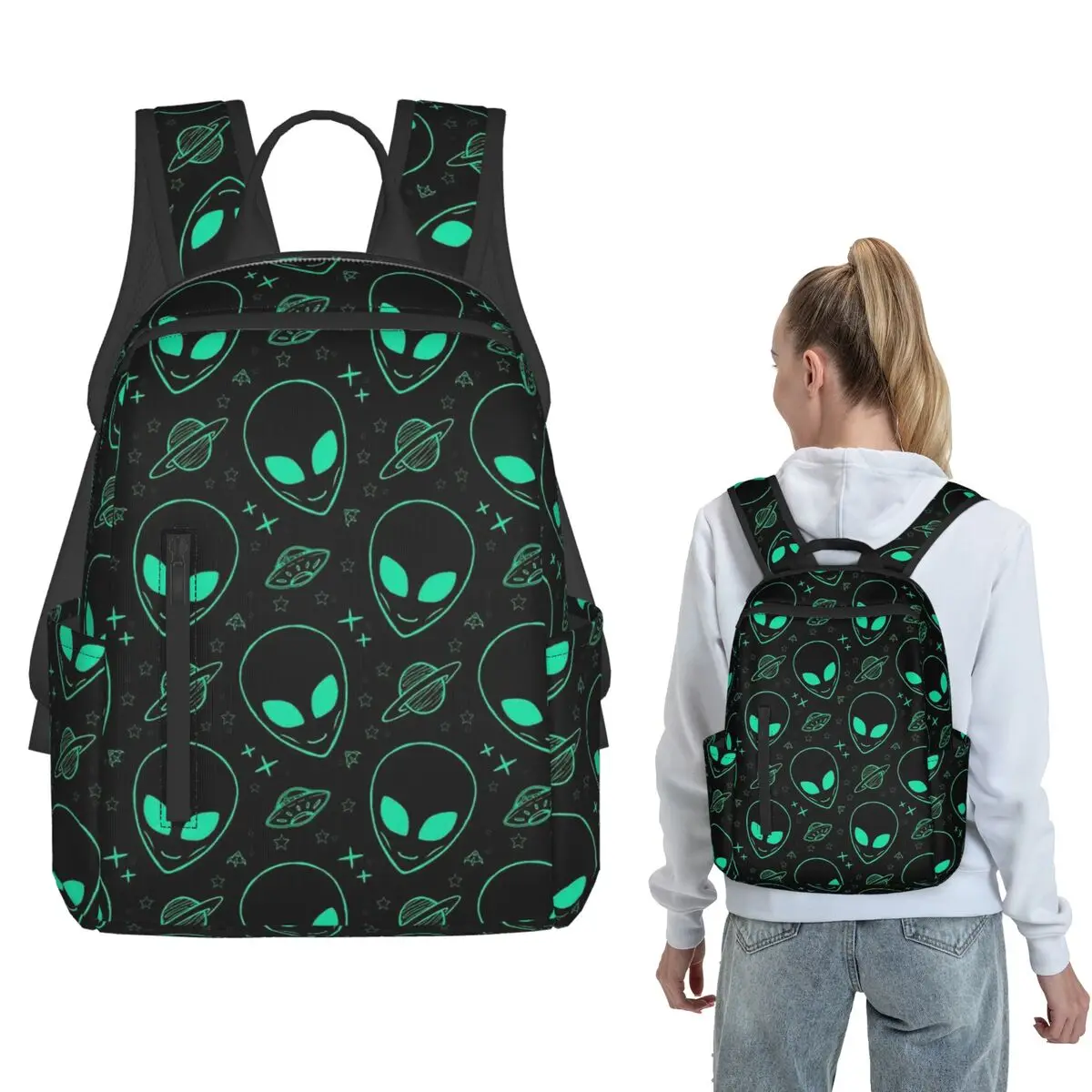 Wonderful Green Alien Universe Wondrous Cosmos With Planet And Stars Large Capacity Boys Girls BookBag School Bag Shoulder Bags