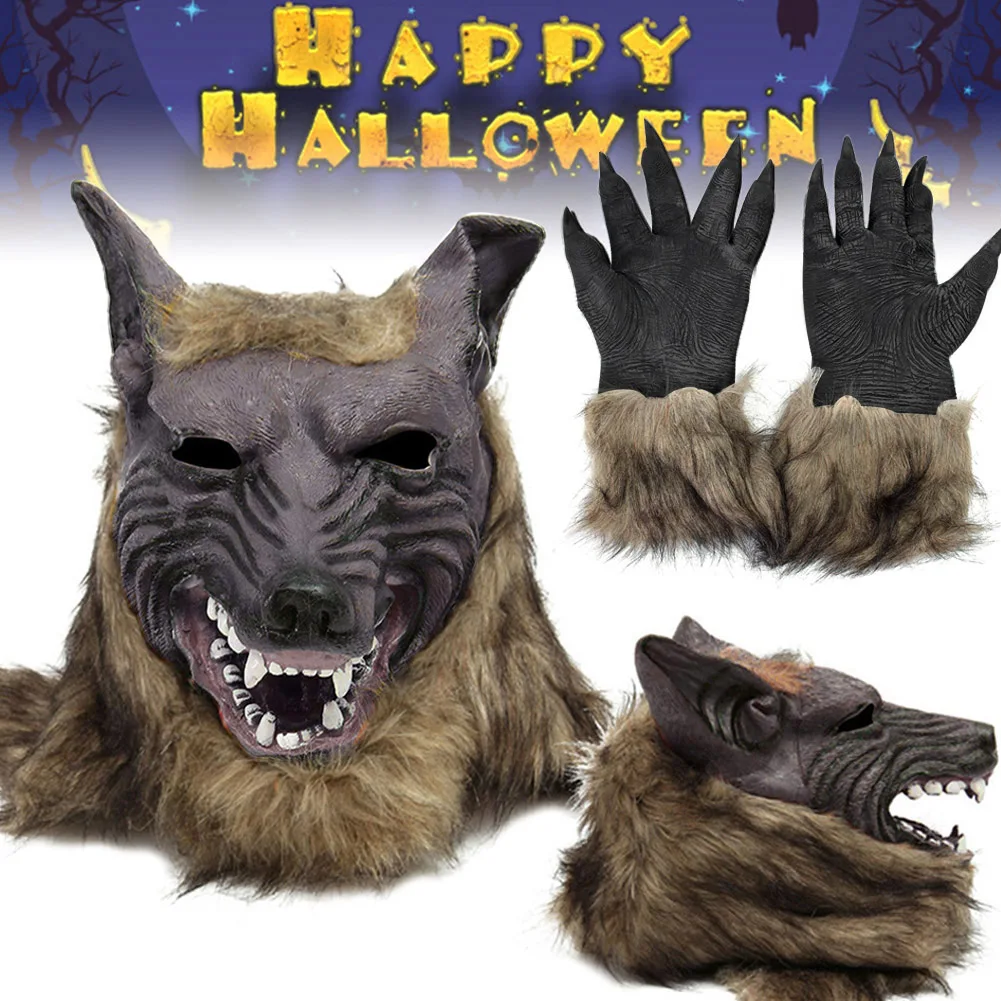 Halloween Theme Wolf Gloves and Mask Halloween Wolf Cosplay Costume Props for Themed Party Supplies