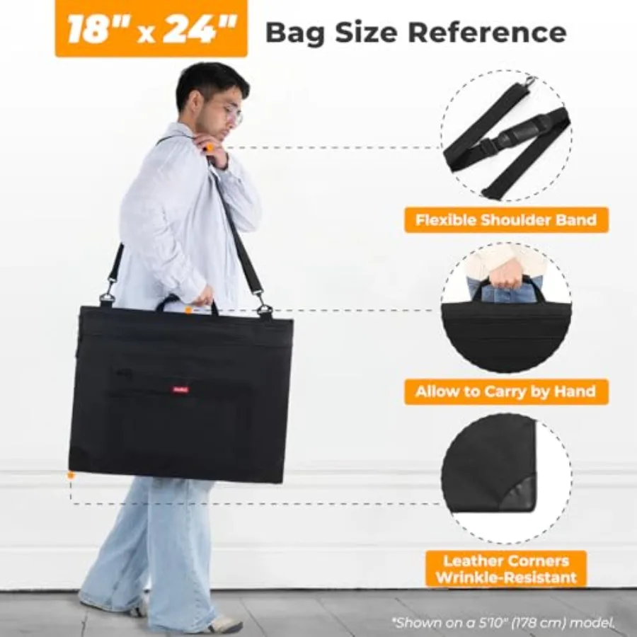 Bolsa de portafolio de arte ligera, funda de lona negra de 18x24 pulgadas con correa de hombro desmontable y esquinas de cuero para proteger